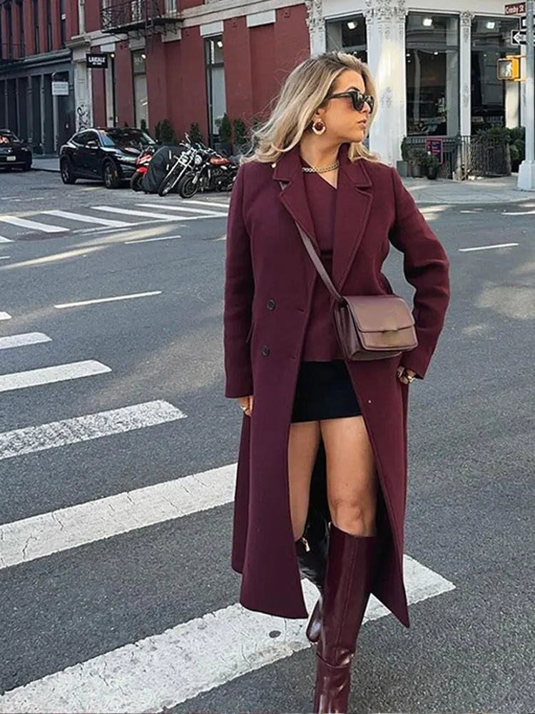 Burgundy Lapel Wool Blends Long Coat