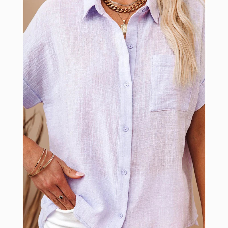 Cotton Linen Casual Short Sleeve Elegant Blouse