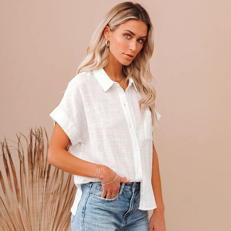 Cotton Linen Casual Short Sleeve Elegant Blouse