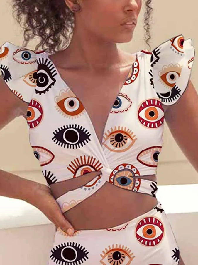 Deep V Eyes Print Chest Strap One Piece