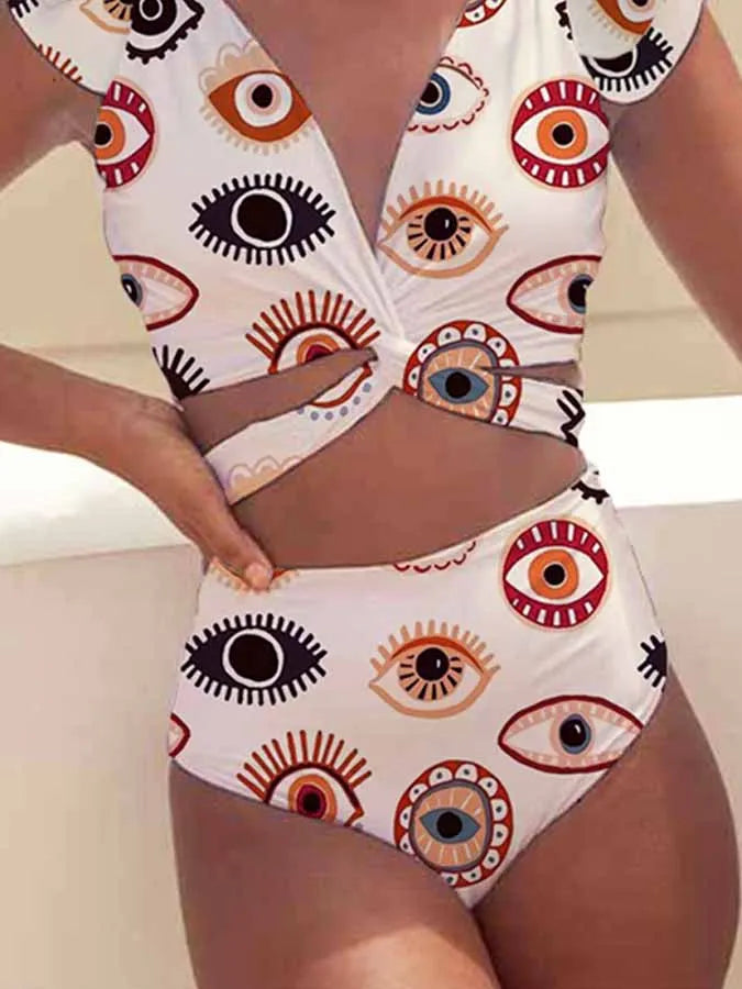 Deep V Eyes Print Chest Strap One Piece