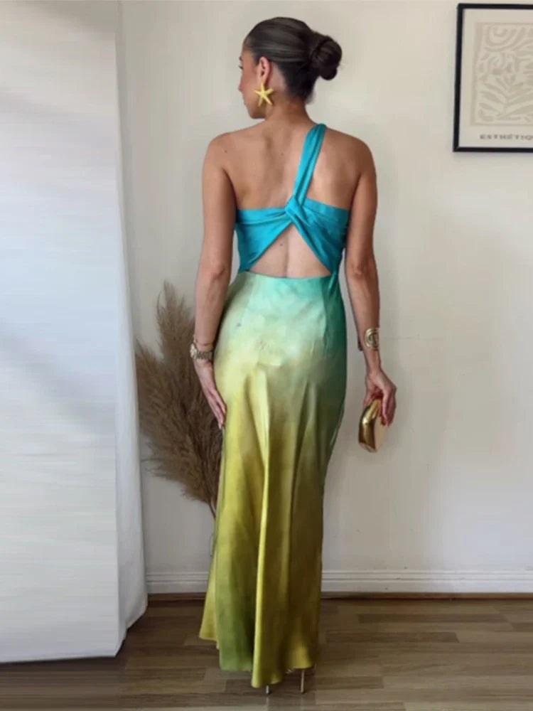 Diagonal Collar Gradient Vacation Dress