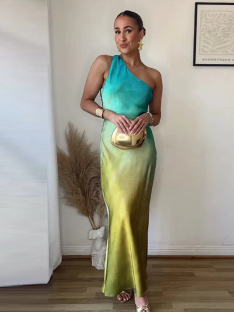 Diagonal Collar Gradient Vacation Dress