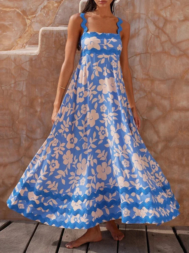 Floral Print Square Neck A-Line Maxi Dress