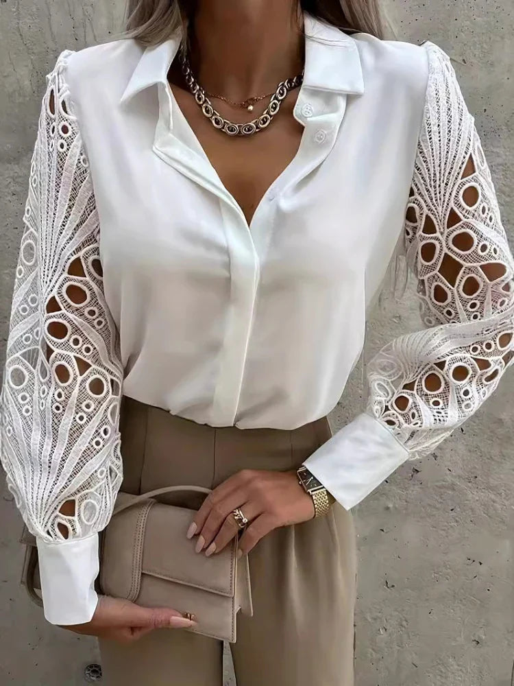 Elegant Lace Patchwork White Blouse