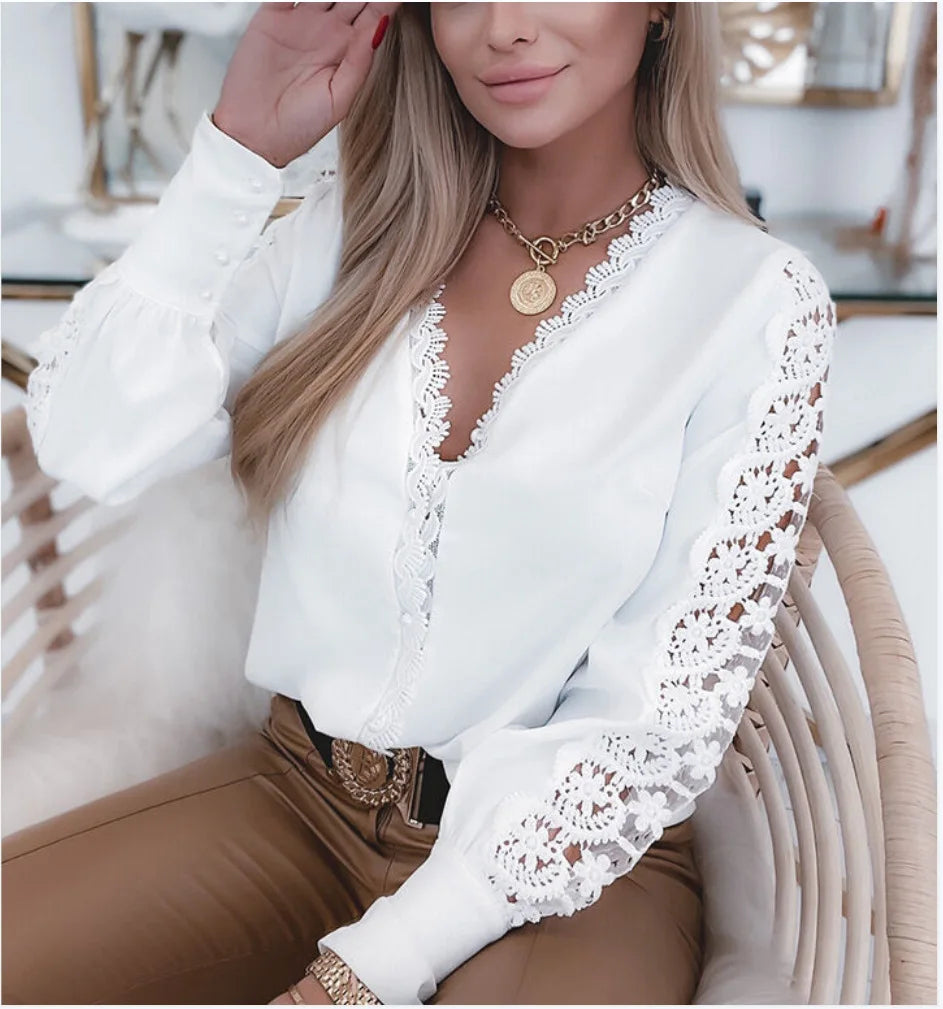 Elegant Lace Patchwork White Blouse