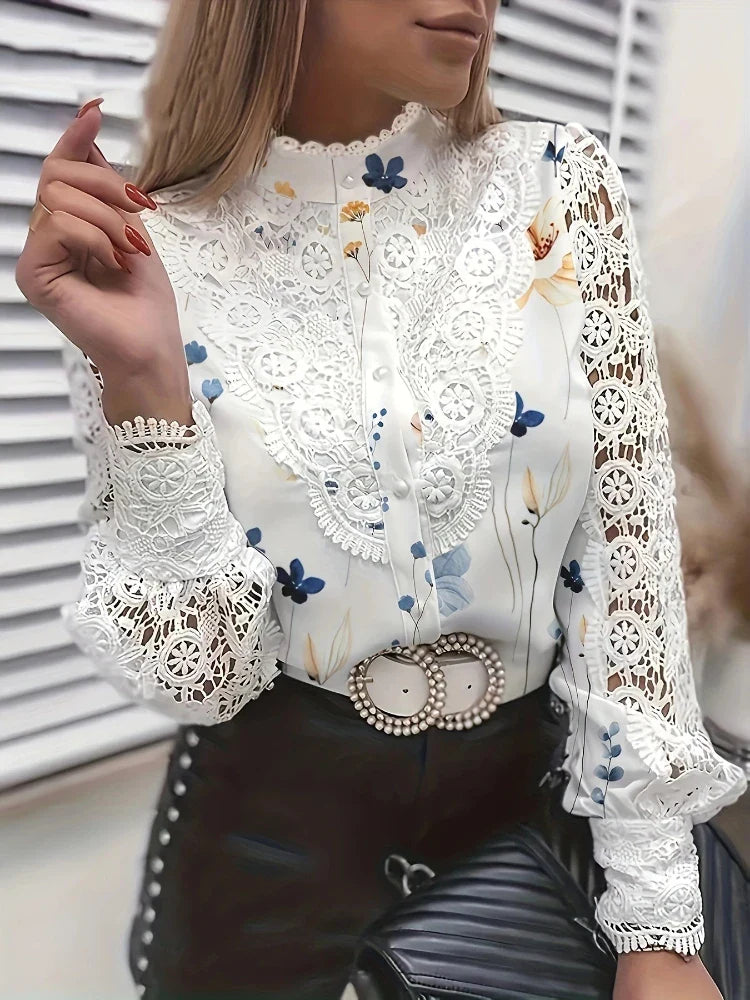 Elegant Lace Patchwork White Blouse
