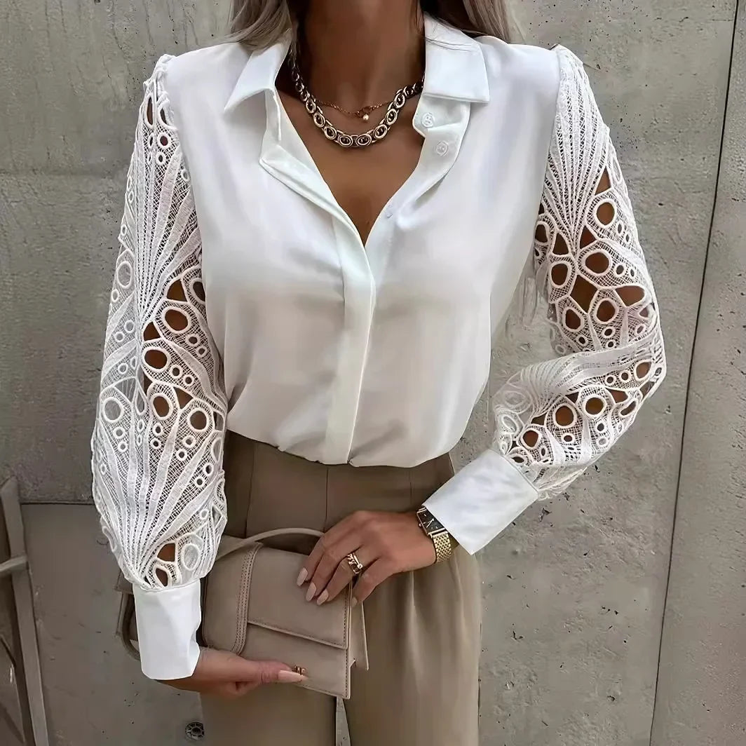 Elegant Lace Patchwork White Blouse