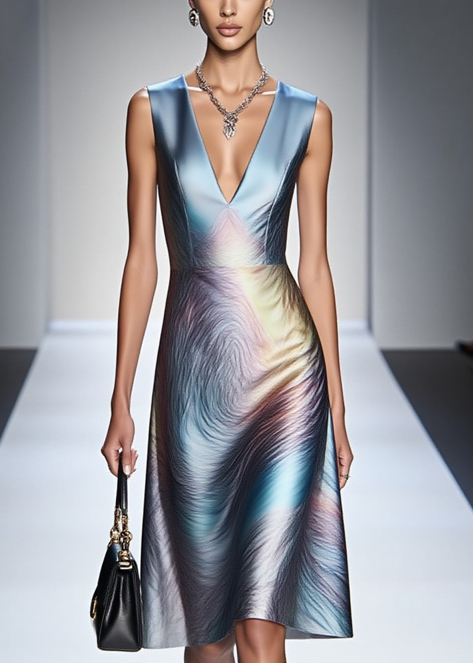 Satin Deep V-Neck Sleeveless Marble Print A-Line Midi Dress