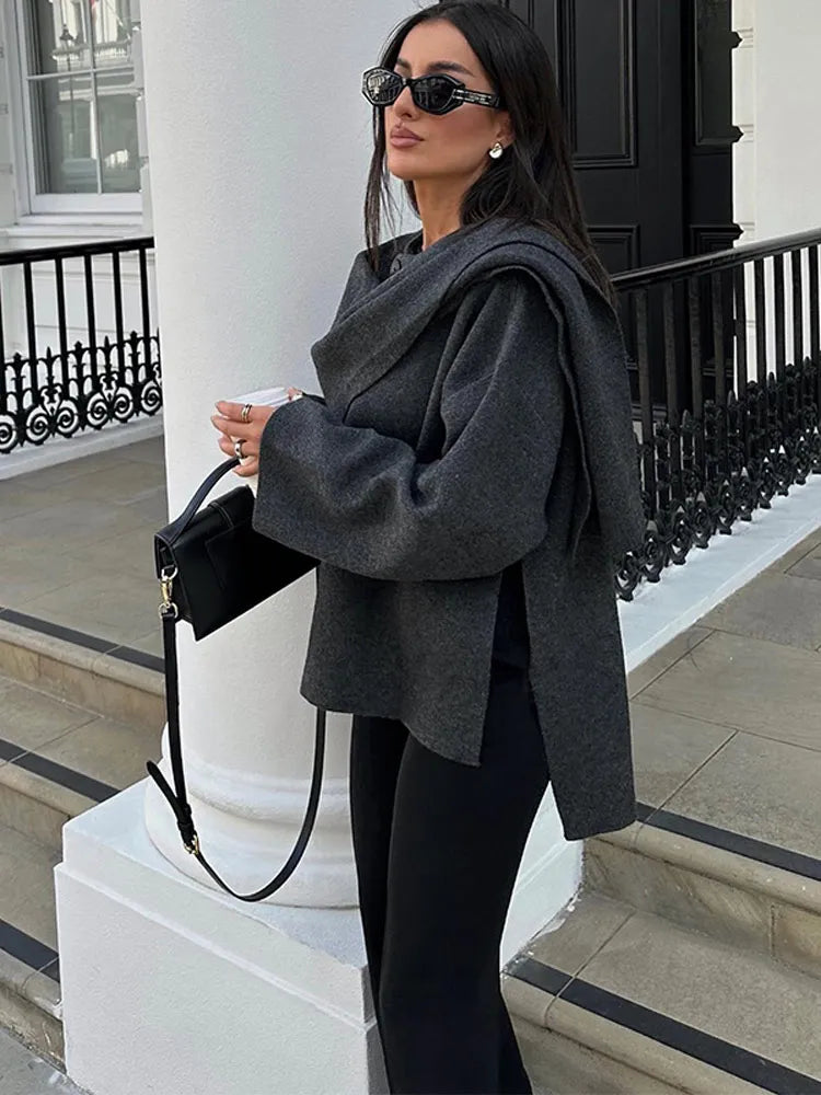 Grey Scarf Collar Woolen Coat