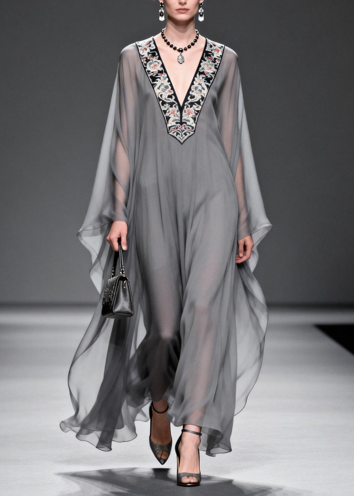 Fashion Grey V Neck Print Patchwork Chiffon Maxi Dresses Spring - View 5