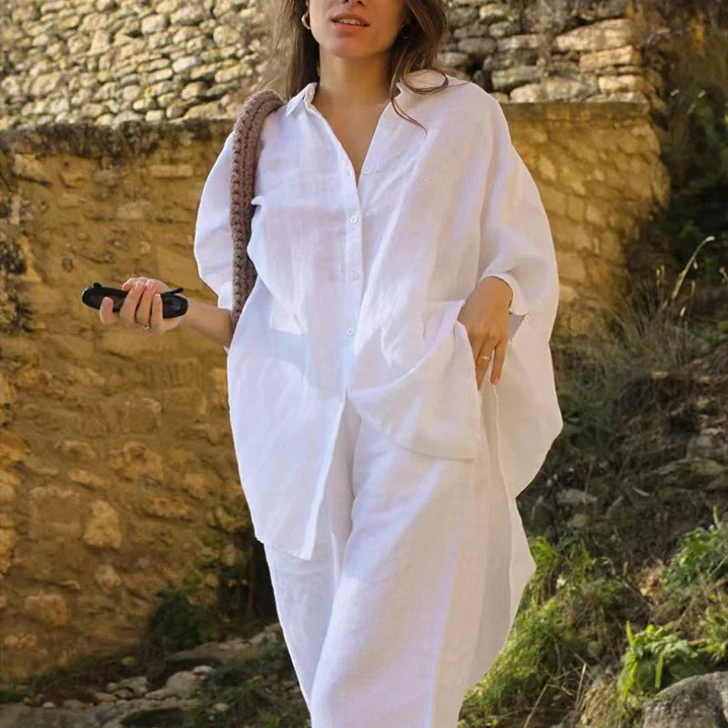 Casual Loose White Button-up Half Sleeve Blouse