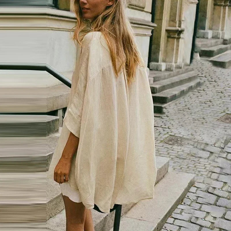 Casual Loose White Button-up Half Sleeve Blouse