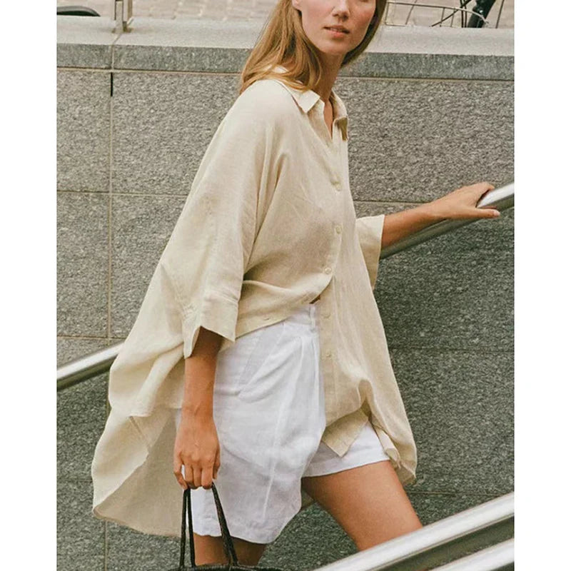 Casual Loose White Button-up Half Sleeve Blouse