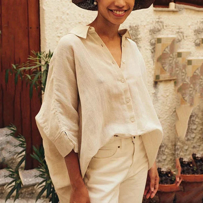 Casual Loose White Button-up Half Sleeve Blouse