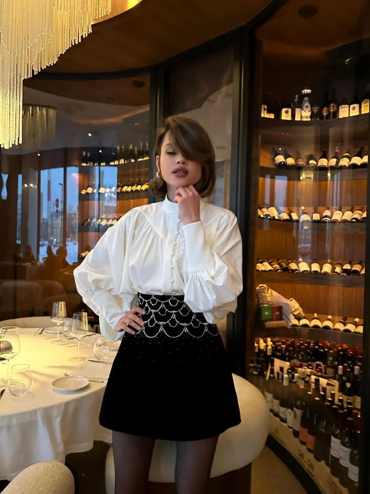 High Neck Fold Bubble Sleeve White Blouse