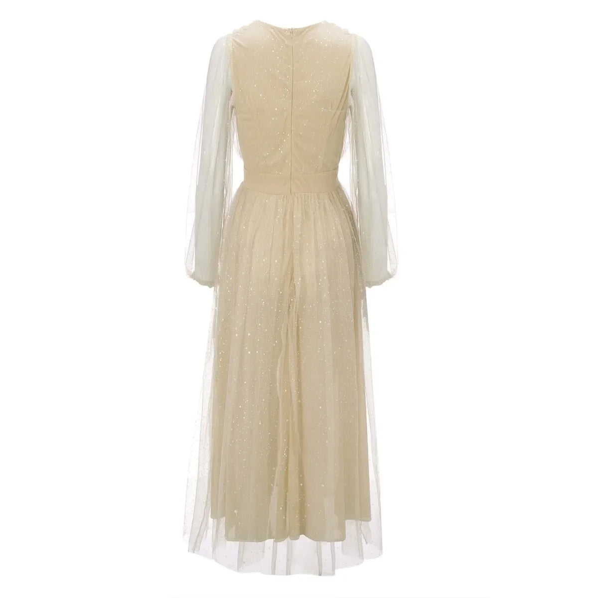 Glitter Tulle Deep V-Neck Bishop Sleeve Wide A-Line Midi Dress - View 5