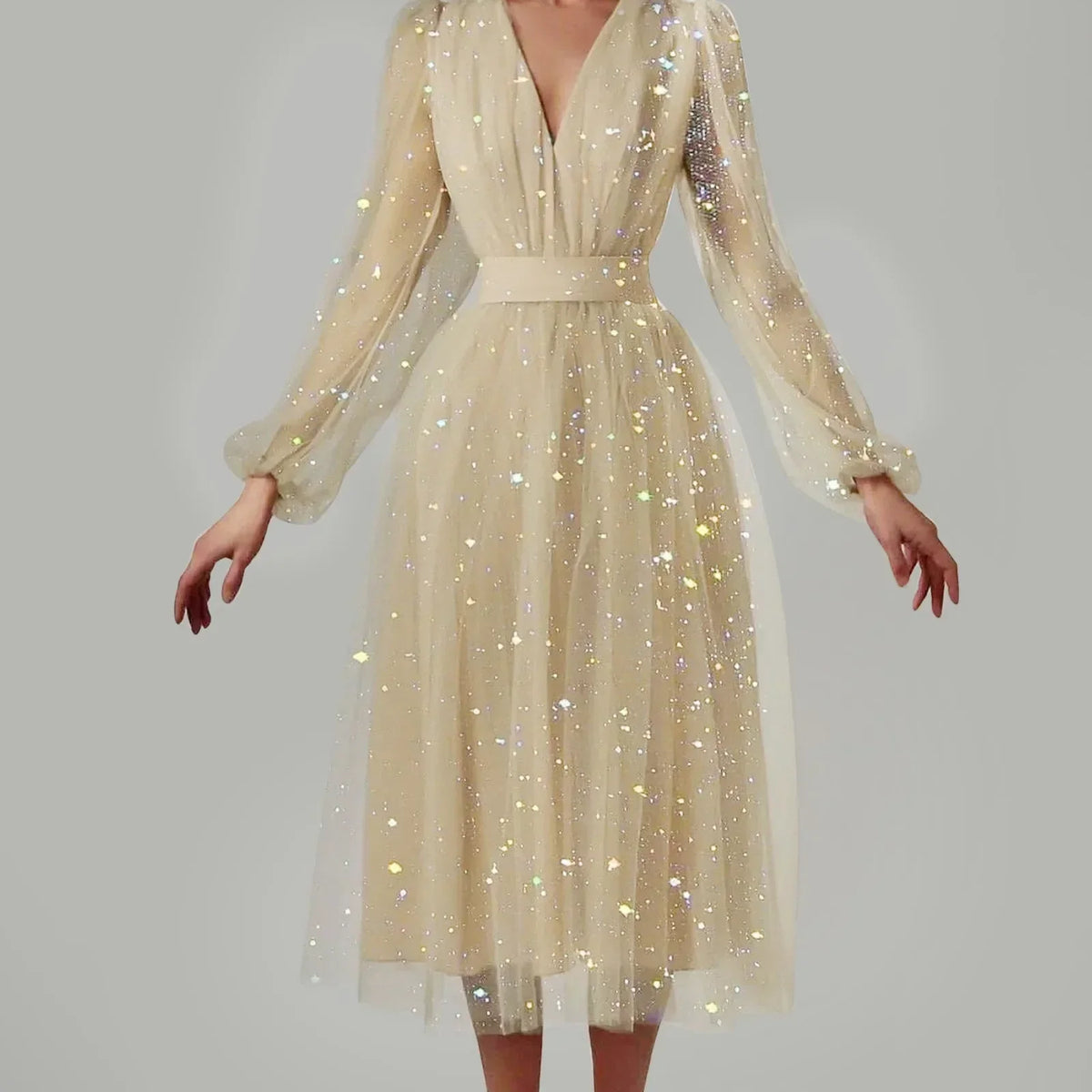 Glitter Tulle Deep V-Neck Bishop Sleeve Wide A-Line Midi Dress - View 6
