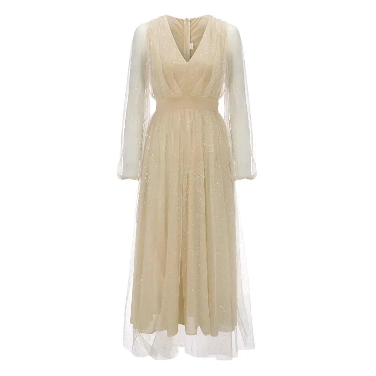 Glitter Tulle Deep V-Neck Bishop Sleeve Wide A-Line Midi Dress - View 4