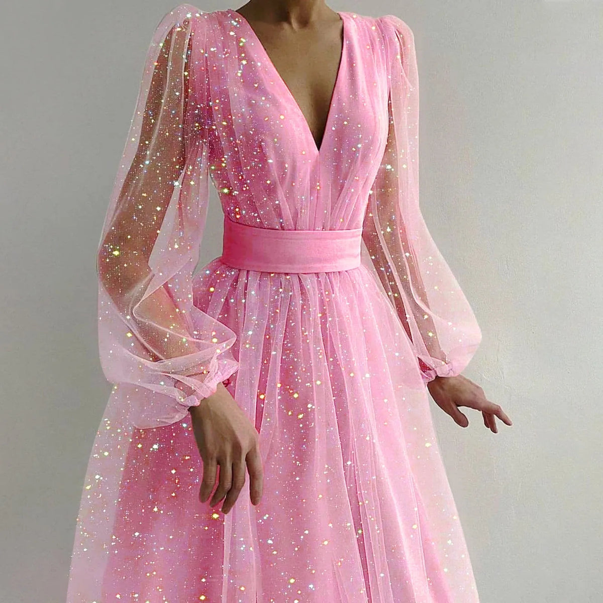 Glitter Tulle Deep V-Neck Bishop Sleeve Wide A-Line Midi Dress - View 7