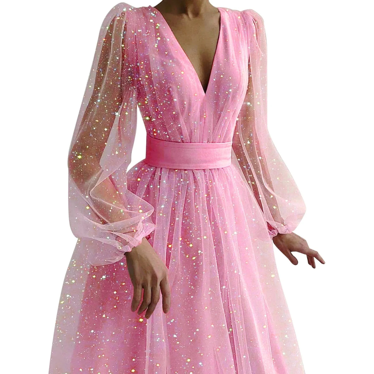 Glitter Tulle Deep V-Neck Bishop Sleeve Wide A-Line Midi Dress - View 3