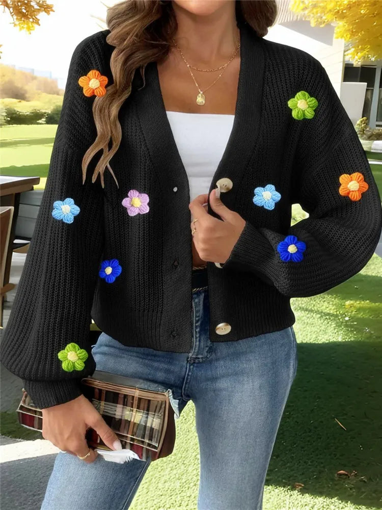 Black Lantern Sleeve Flower Button-Up Knitted Cardigan