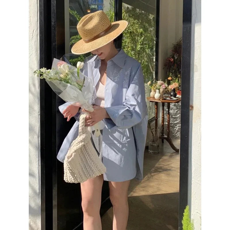 Korean Hip Hop Casual Blue Blouse Women Blouse