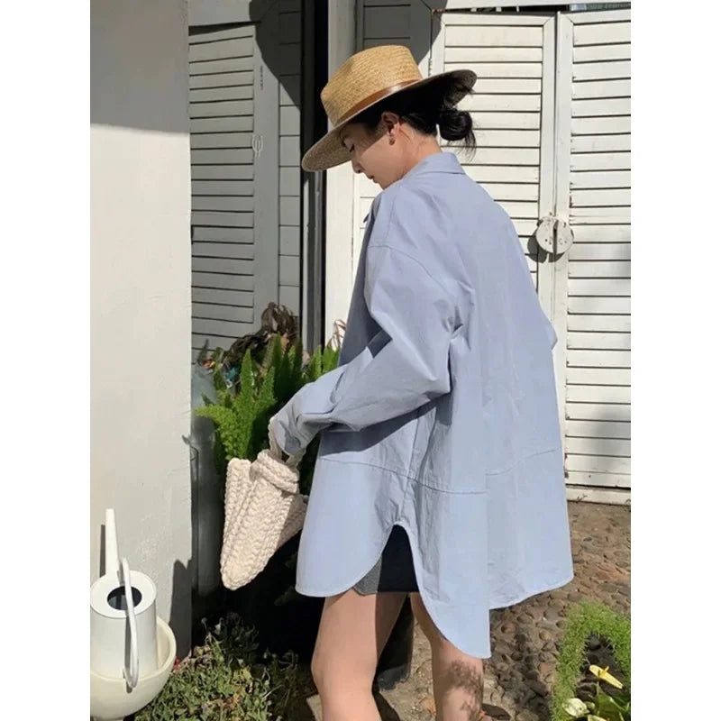 Korean Hip Hop Casual Blue Blouse Women Blouse