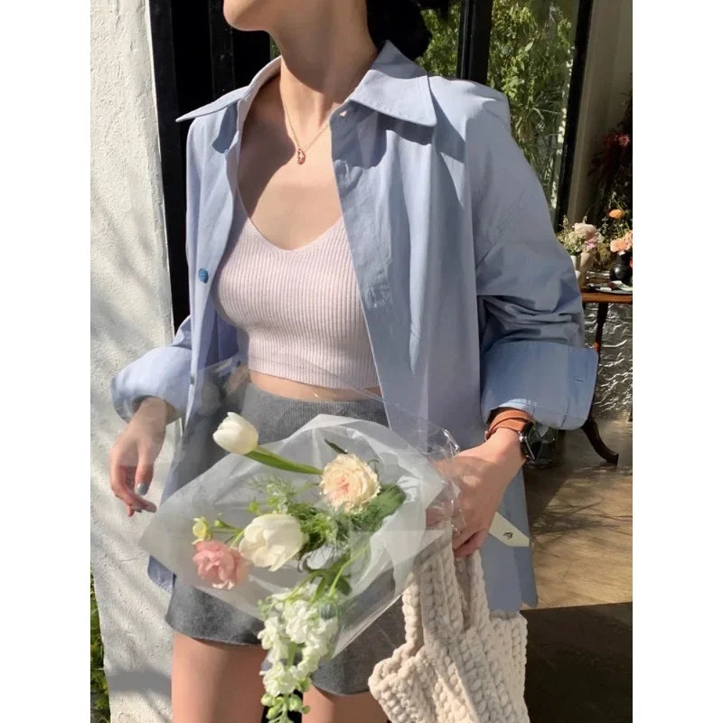 Korean Hip Hop Casual Blue Blouse Women Blouse