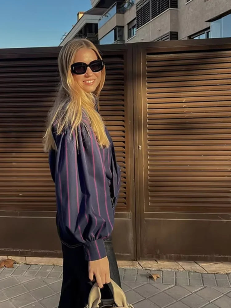 Lace Up Collision Striped Round Neck Blouse