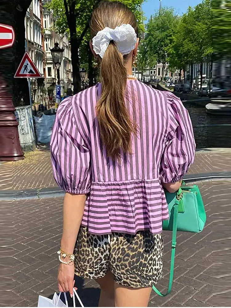 Lace Up Striped O-neck Loose Short Sleeve Blouse