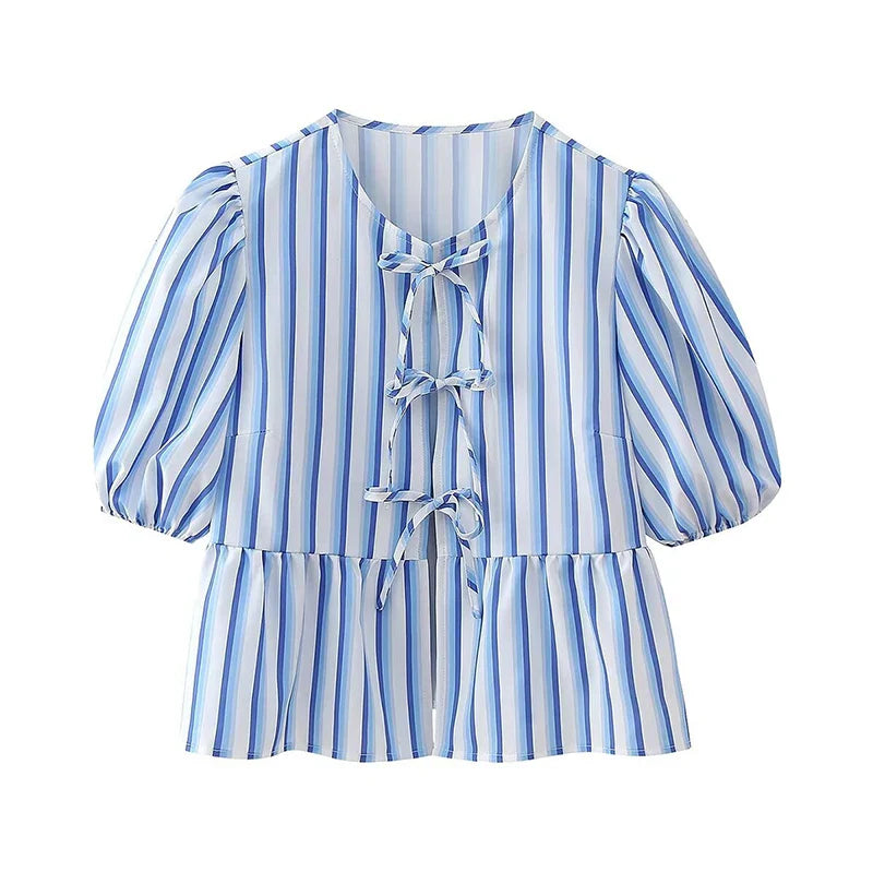 Lace Up Striped O-neck Loose Short Sleeve Blouse