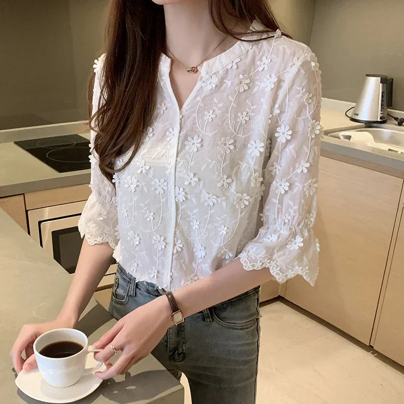 Embroidered White Cotton Floral Korean Style Blouse