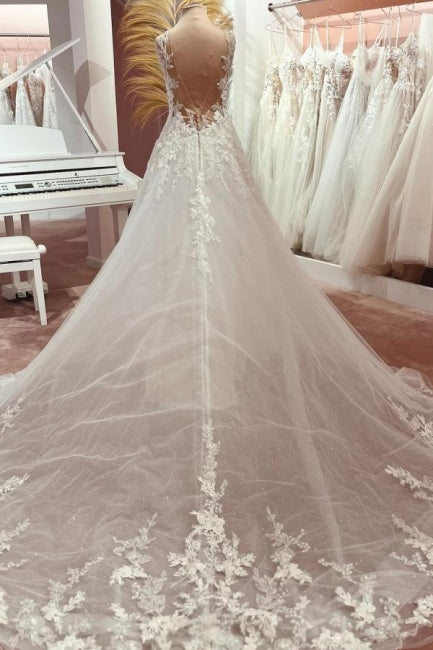 Fashionable Long A-line V-neck Lace Tulle Wedding Dress with Train - Fashionpara