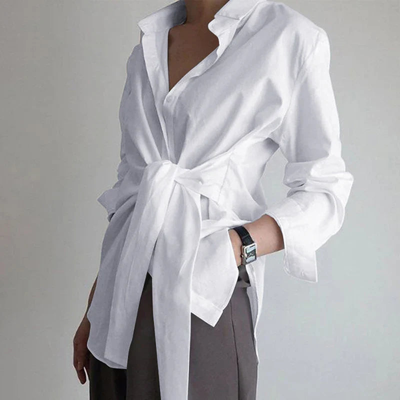 Long Sleeve Ruched Lace-up White Blouse