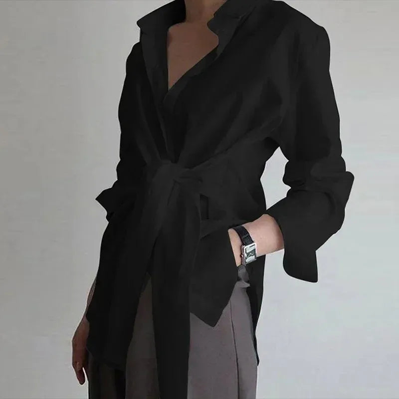 Long Sleeve Ruched Lace-up White Blouse