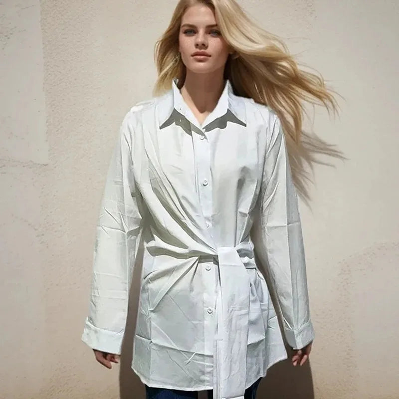 Long Sleeve Ruched Lace-up White Blouse