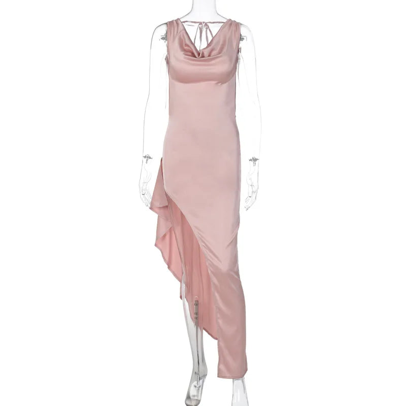 Satin Cowl Neck Sleeveless Side Slit Bodycon Dress