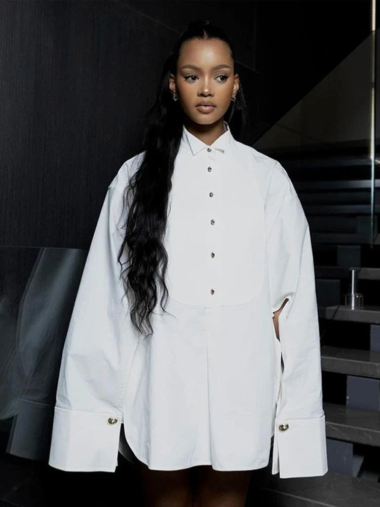 Oversize White Lapel Full Sleeve Side Split Blouse