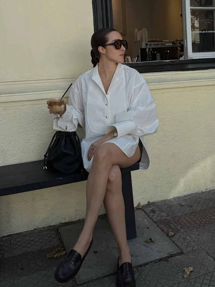 Oversize White Lapel Full Sleeve Side Split Blouse