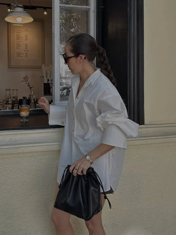 Oversize White Lapel Full Sleeve Side Split Blouse