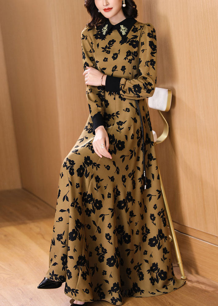 Fashion Peter Pan Collar Print High Waist Tie Waist Chiffon Maxi Dresses Fall - View 3