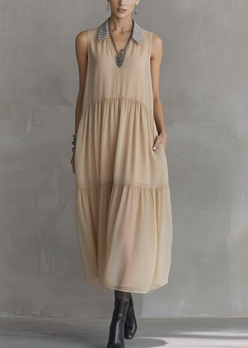 Chiffon Sequin Collar V-Neck Sleeveless Tiered Pocket Midi Dress