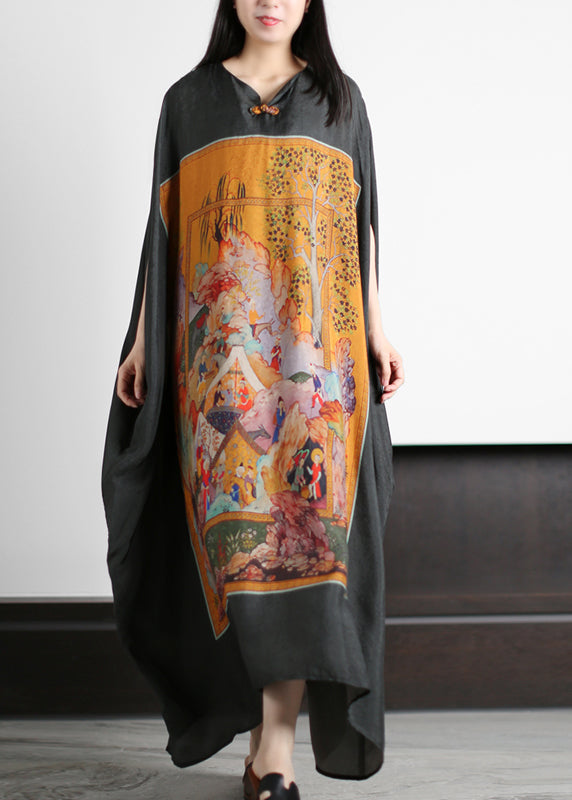 Graphic Panel Print Frog Button Batwing Sleeve Kaftan Maxi Dress