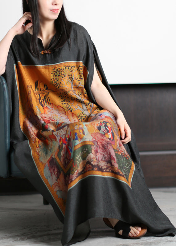 Graphic Panel Print Frog Button Batwing Sleeve Kaftan Maxi Dress - View 4