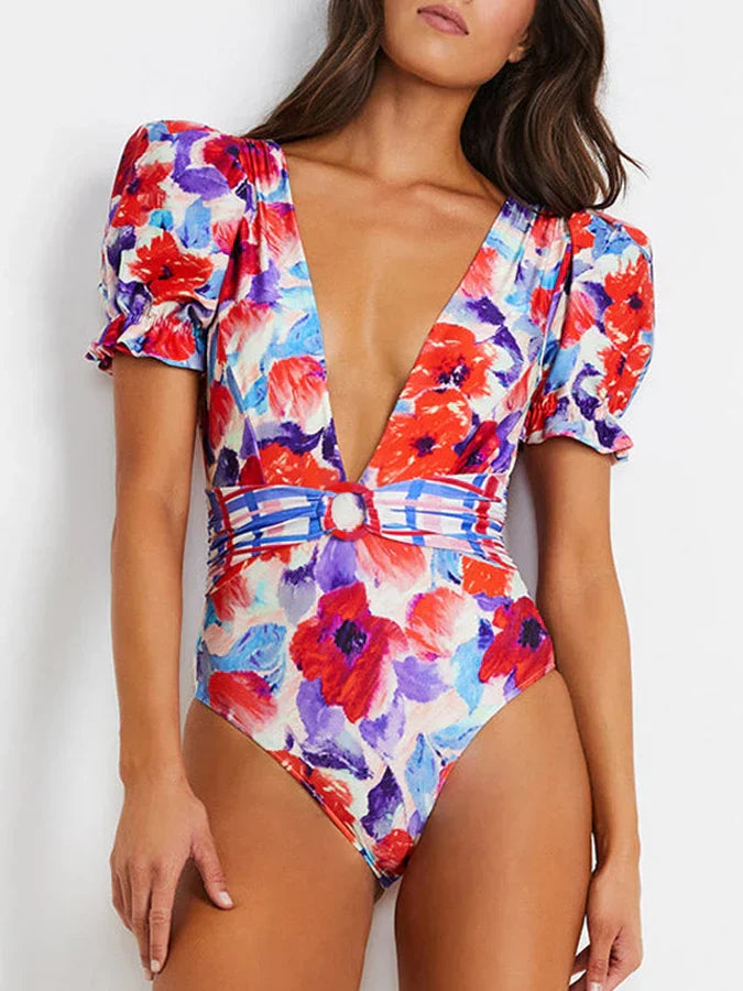V-neck Printed Bubble Sleeve Swimsuit One Piece