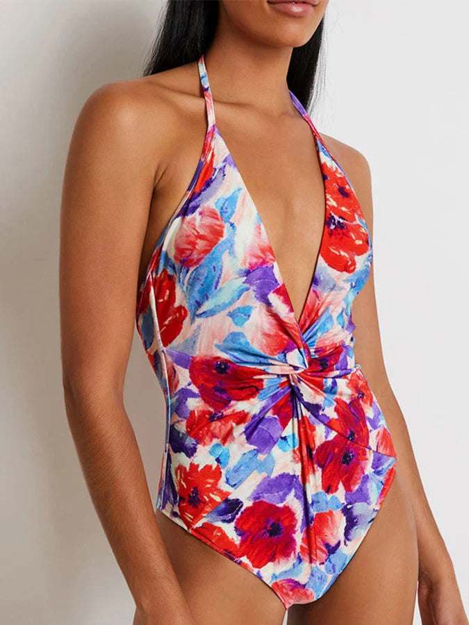 V-neck Printed Bubble Sleeve Swimsuit One Piece