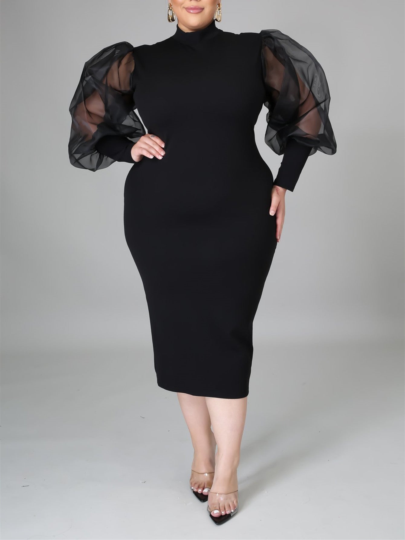 Fashion Puff Sleeve Plus Size Party Midi Dress - Fashionpara
