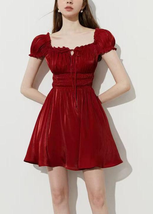 Smocked Waist Square Neck Tie Front Puff Sleeve A-Line Mini Dress