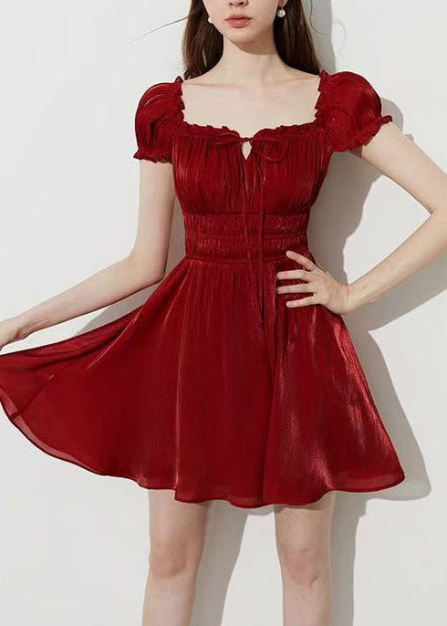 Smocked Waist Square Neck Tie Front Puff Sleeve A-Line Mini Dress - View 2